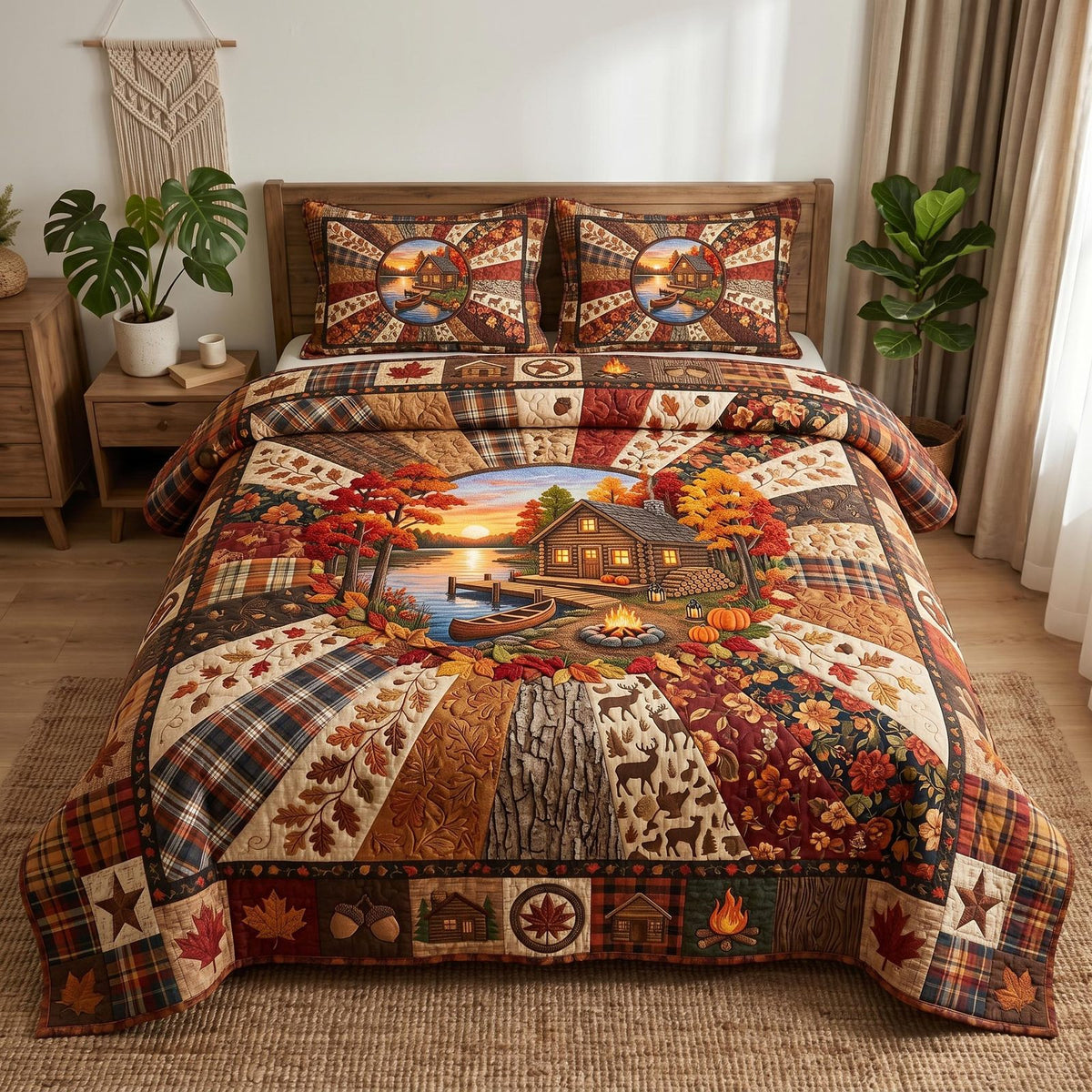 Lakeside Autumn quilted 3-piece bedding set on a made bed with two matching pillow shams