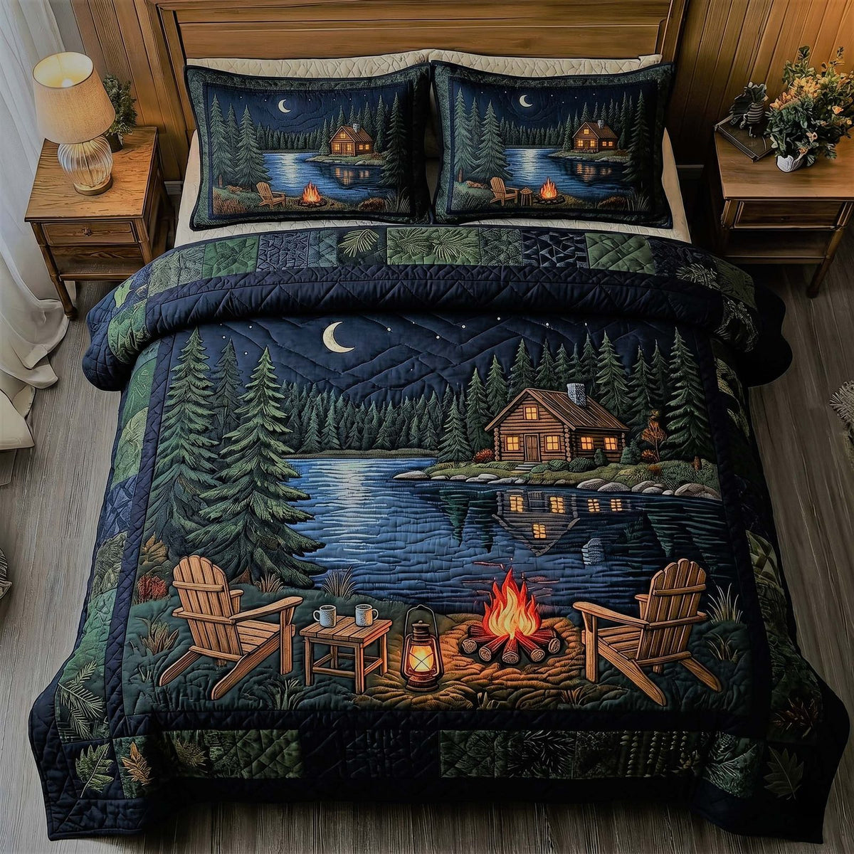 Lakeside Cabin Night quilted 3-piece bedding set on a made bed with two matching pillow shams