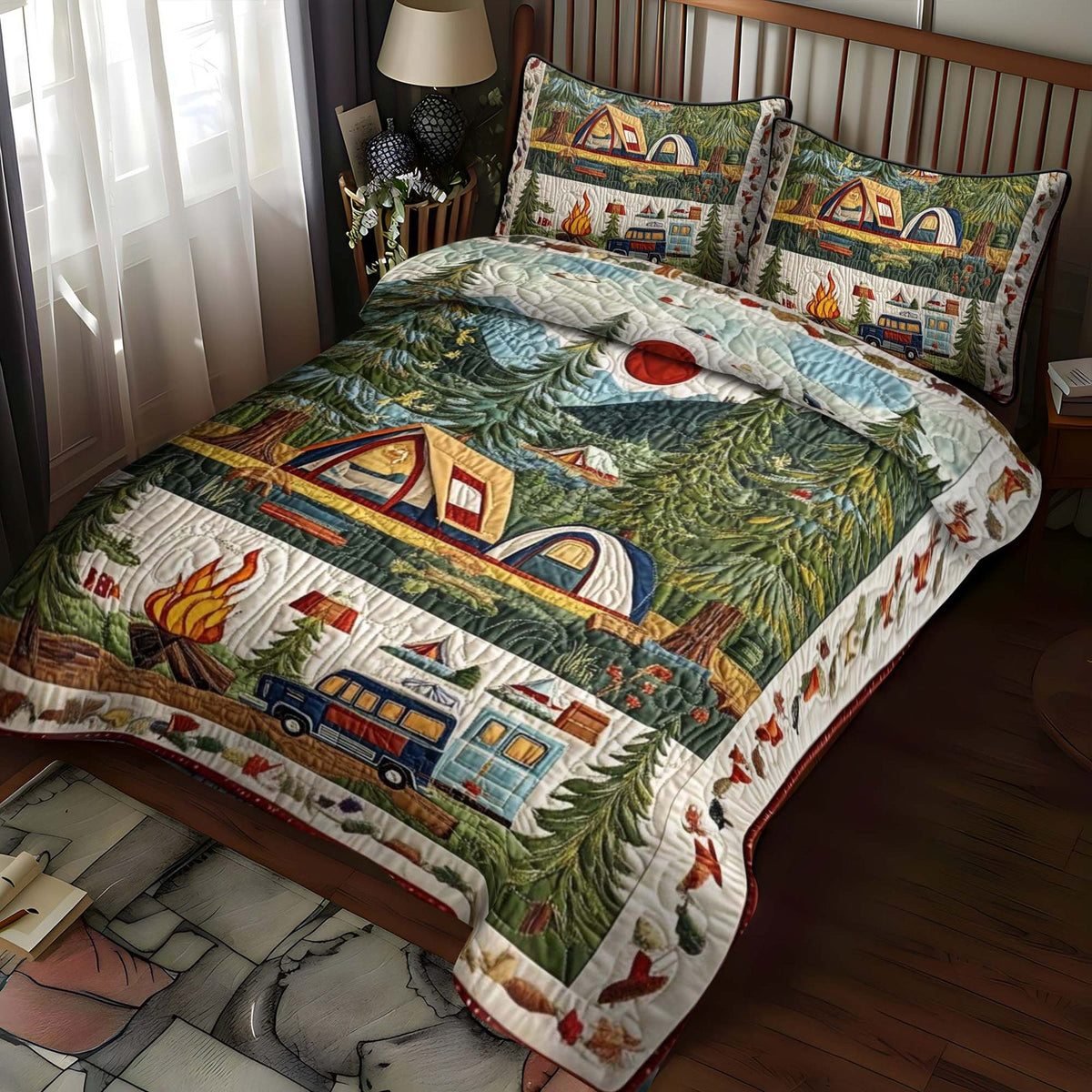 Lakeside Camp quilted 3-piece bedding set on a made bed with two matching pillow shams