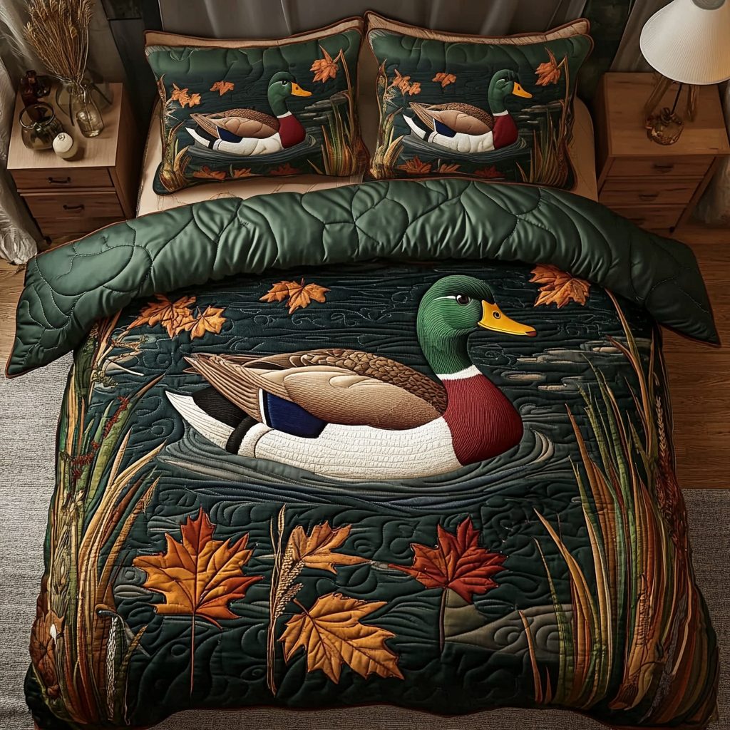 Lakeside Comfort quilted 3-piece bedding set on a made bed with two matching pillow shams