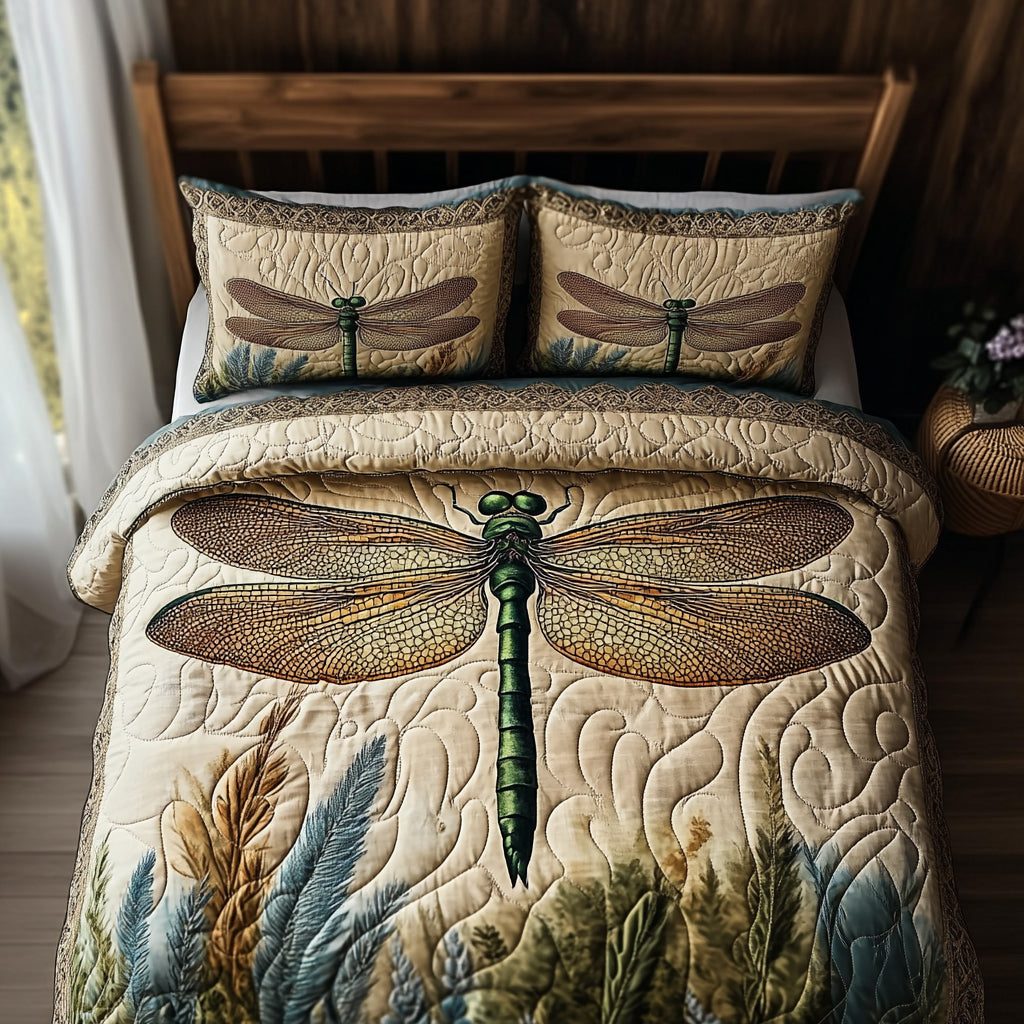 Lakeside Dancer quilted 3-piece bedding set on a made bed with two matching pillow shams