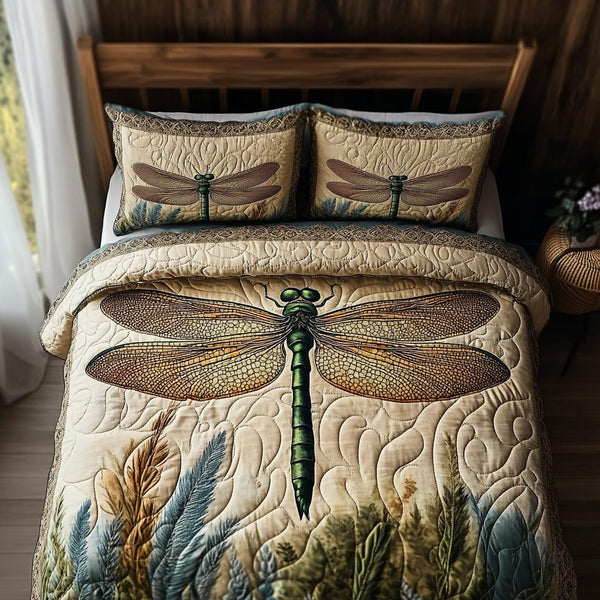 Lakeside Dancer quilted 3-piece bedding set on a made bed with two matching pillow shams