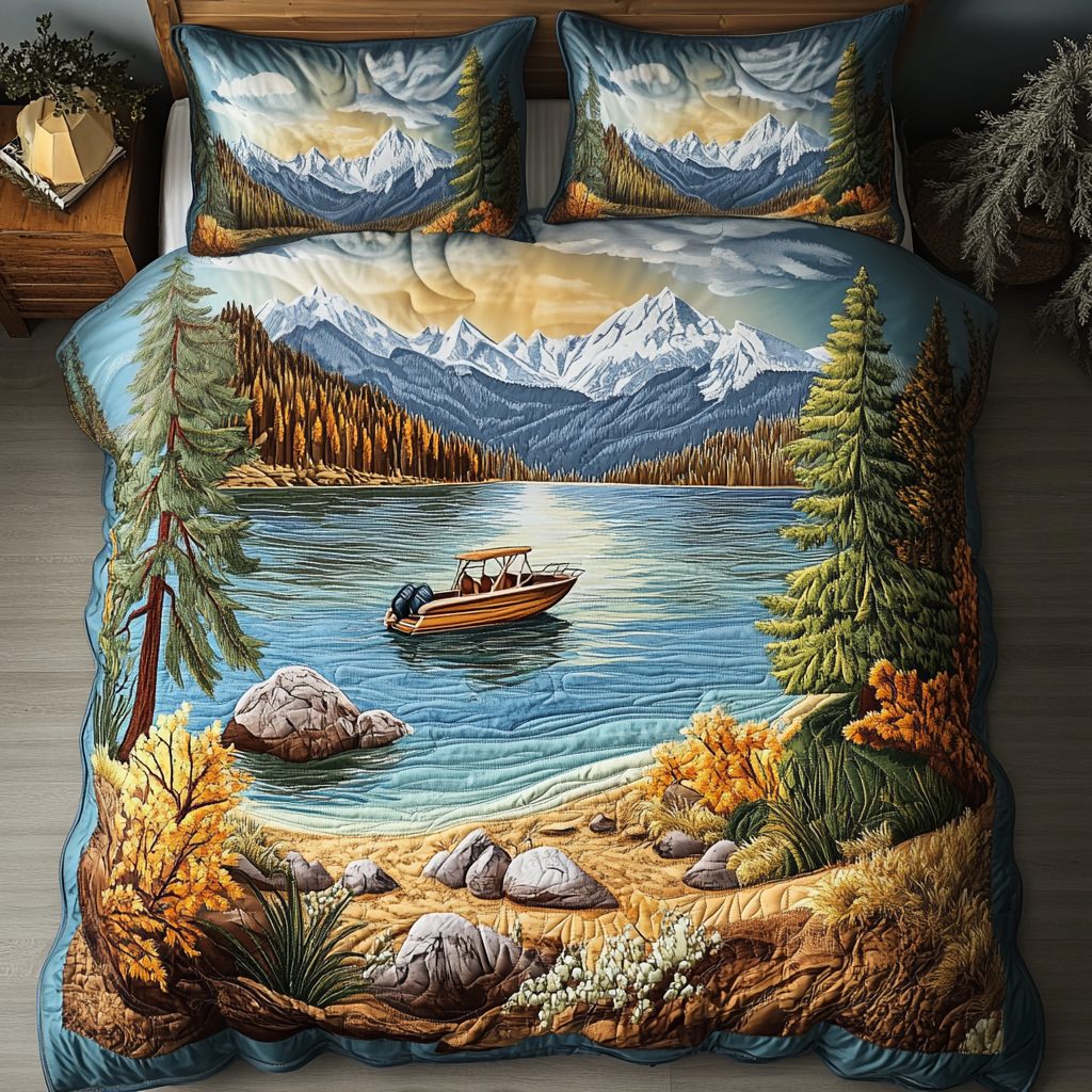 Lakeside Dream quilted 3-piece bedding set on a made bed with two matching pillow shams