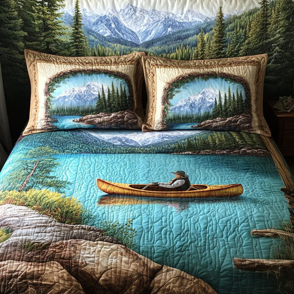 Lakeside Explorer quilted 3-piece bedding set on a made bed with two matching pillow shams