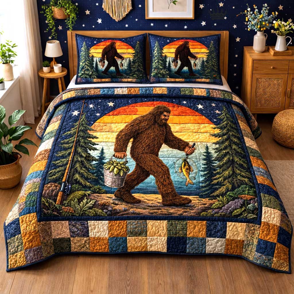 Lakeside Fishing quilted 3-piece bedding set on a made bed with two matching pillow shams