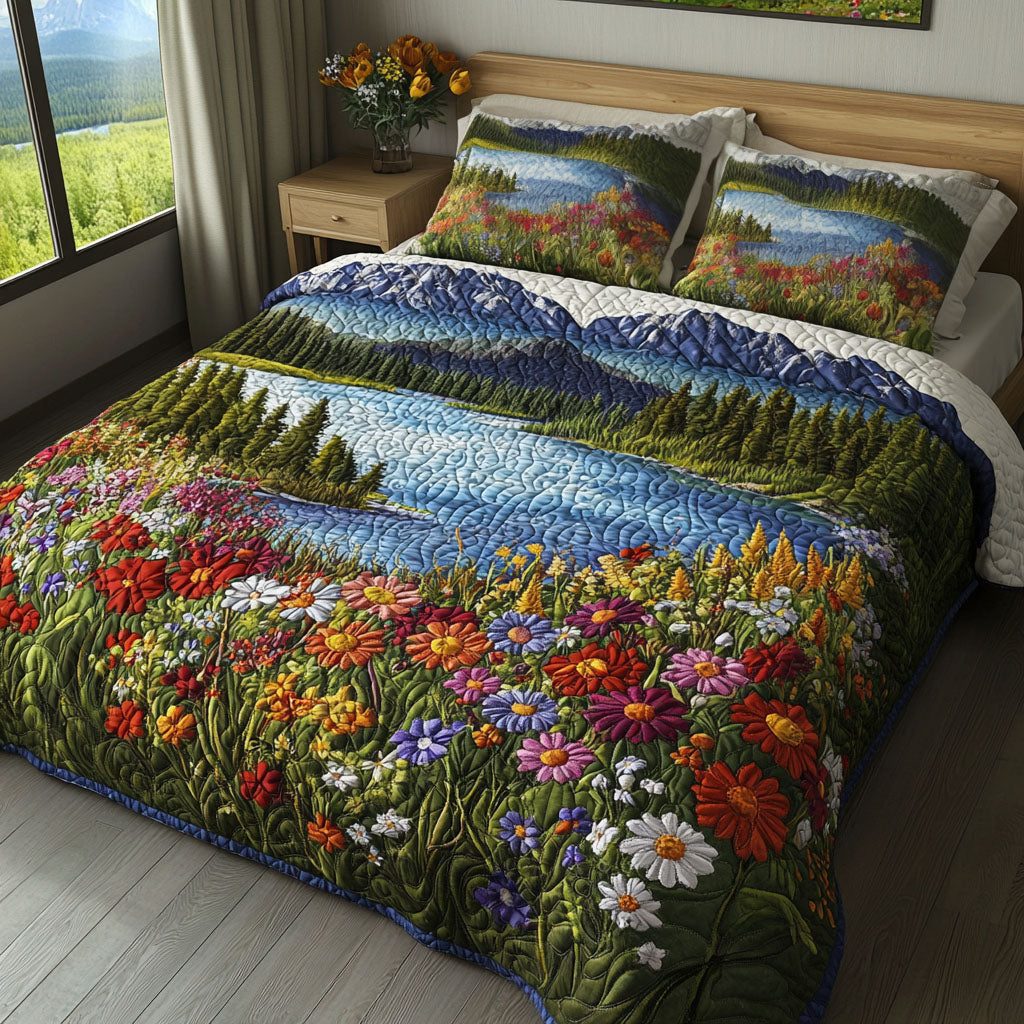 Lakeside Flower Meadow quilted 3-piece bedding set on a made bed with two matching pillow shams
