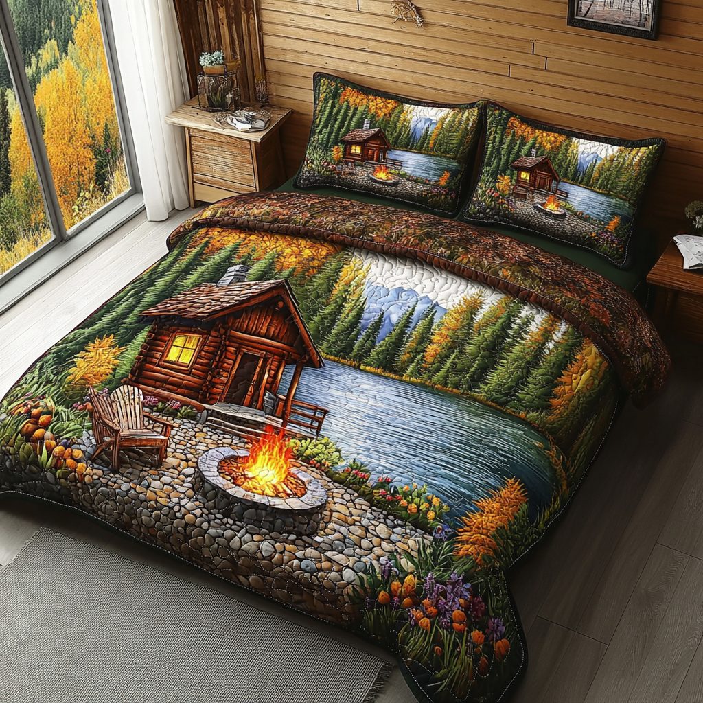Lakeside Glow quilted 3-piece bedding set on a made bed with two matching pillow shams