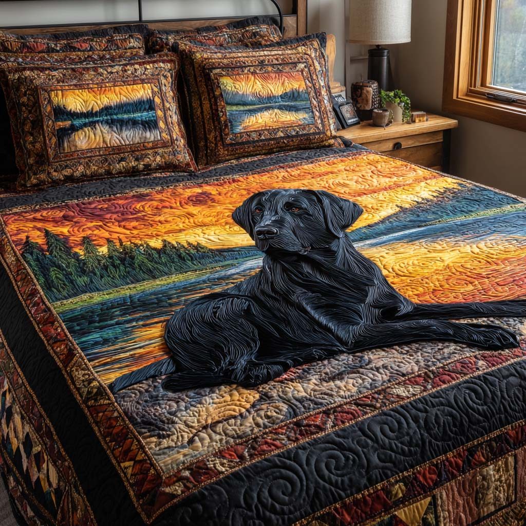 Lakeside Lab quilted 3-piece bedding set on a made bed with two matching pillow shams