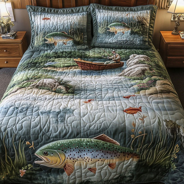 Lakeside Leisure quilted 3-piece bedding set on a made bed with two matching pillow shams