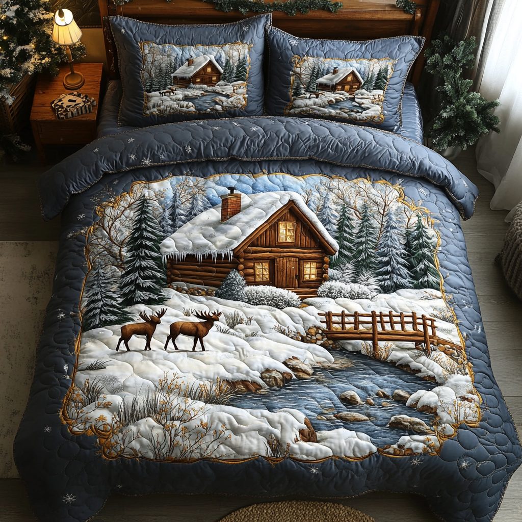 Lakeside Log Cabin quilted 3-piece bedding set on a made bed with two matching pillow shams