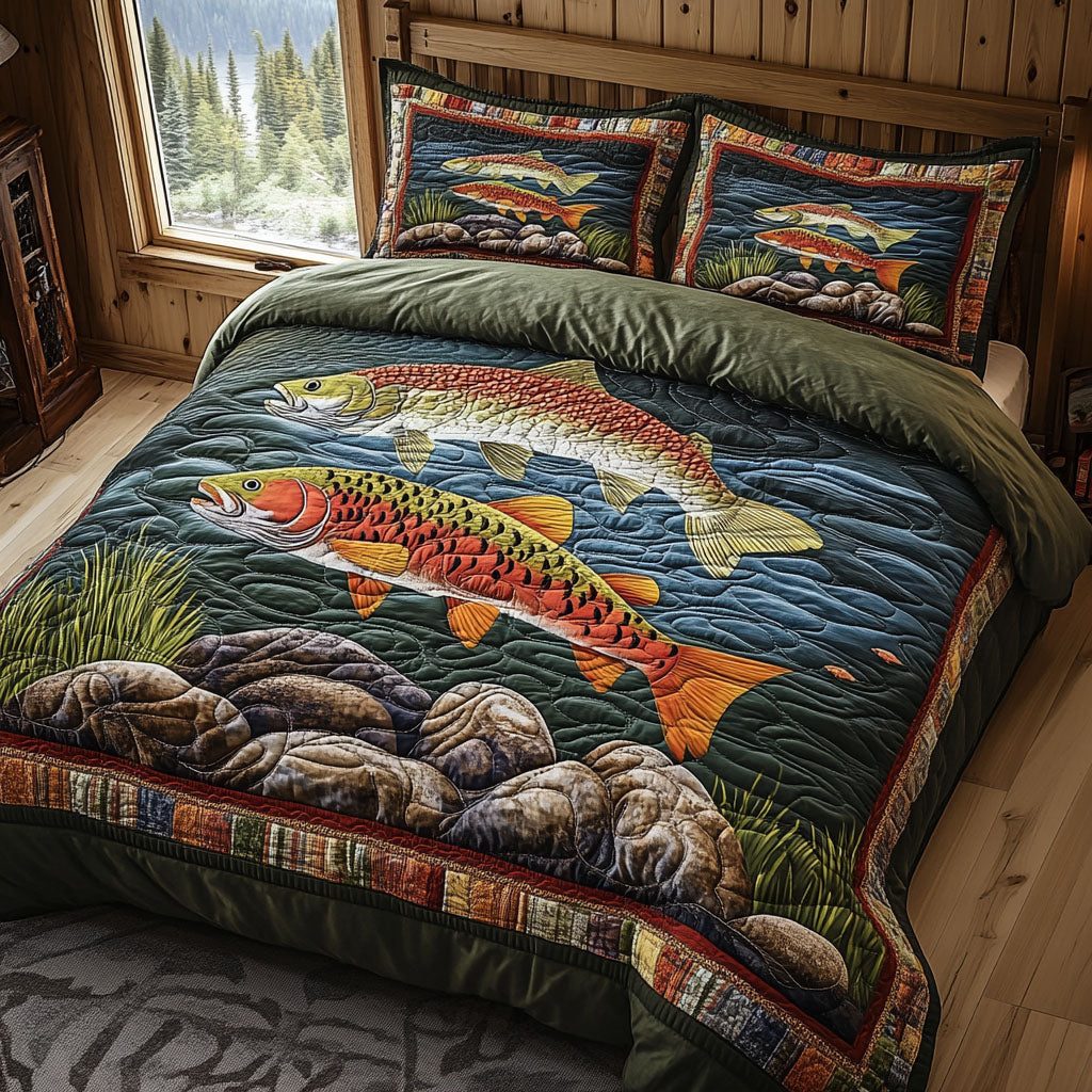 Lakeside Lounger quilted 3-piece bedding set on a made bed with two matching pillow shams