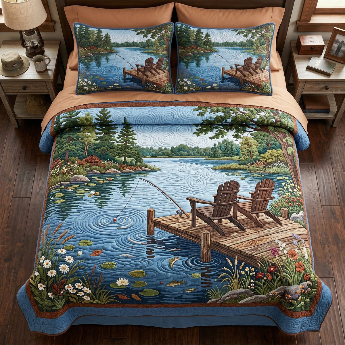 Lakeside Serenity quilted 3-piece bedding set on a made bed with two matching pillow shams