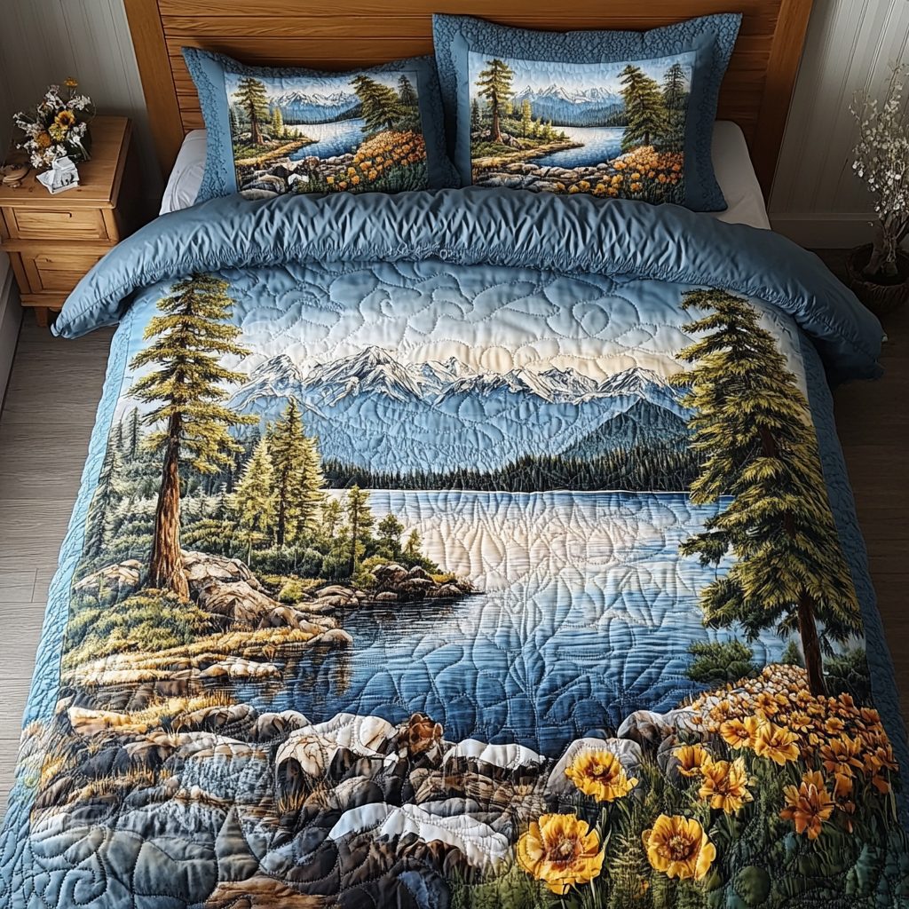 Lakeside View quilted 3-piece bedding set on a made bed with two matching pillow shams