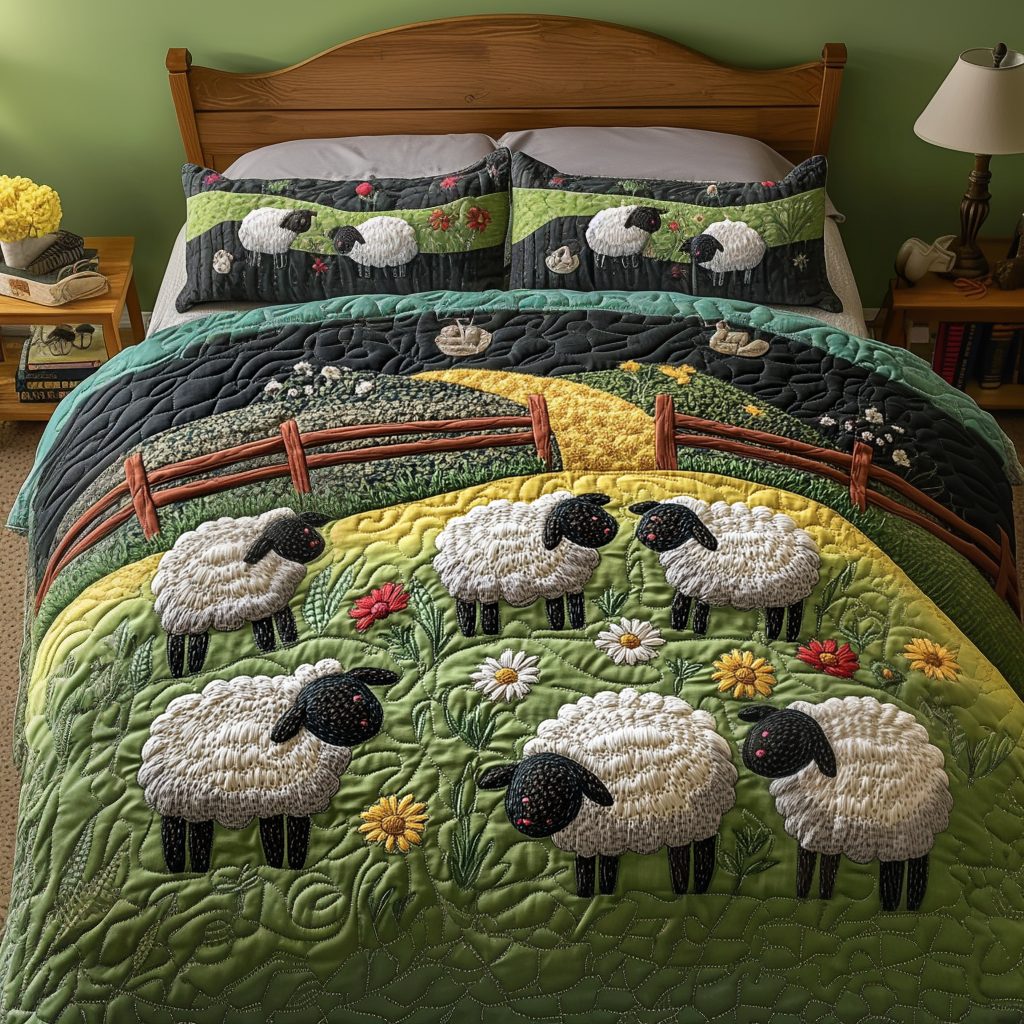 Lamb Love quilted 3-piece bedding set on a made bed with two matching pillow shams