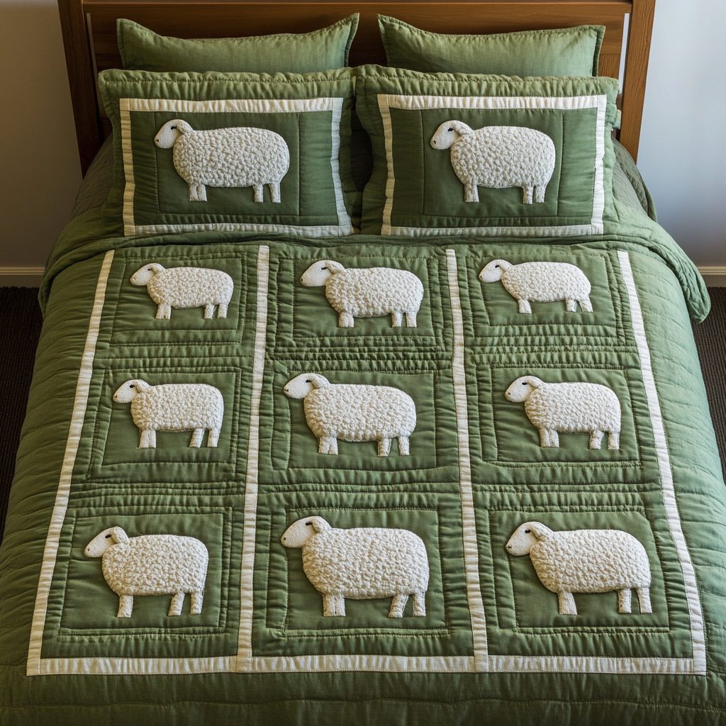Lamb Meadow quilted 3-piece bedding set on a made bed with two matching pillow shams