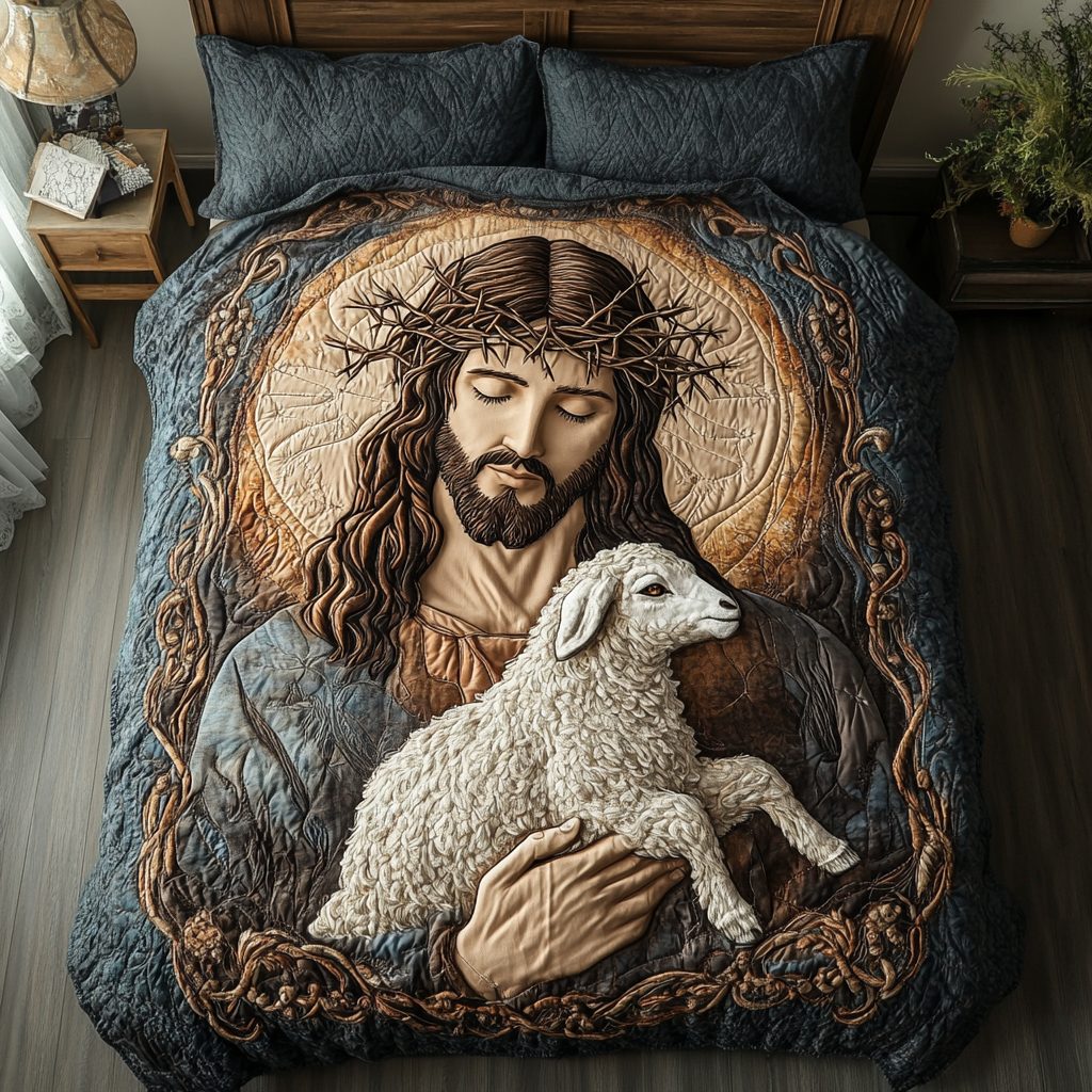 Lamb Shelter quilted 3-piece bedding set on a made bed with two matching pillow shams