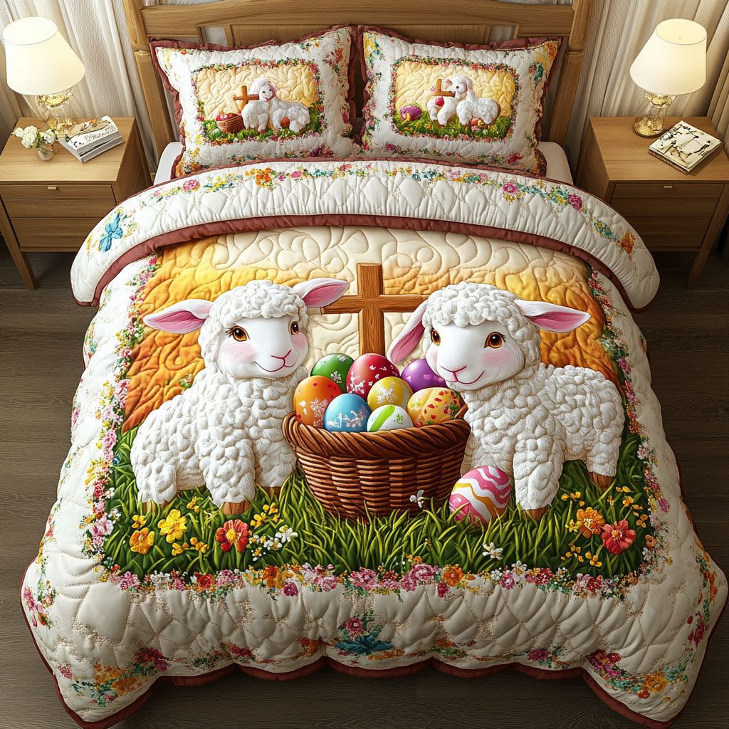 Lambs of Easter Joy quilted 3-piece bedding set on a made bed with two matching pillow shams