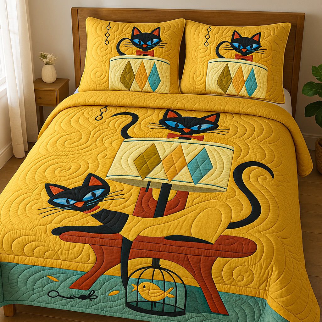 Lamp Lounge Cats quilted 3-piece bedding set on a made bed with two matching pillow shams