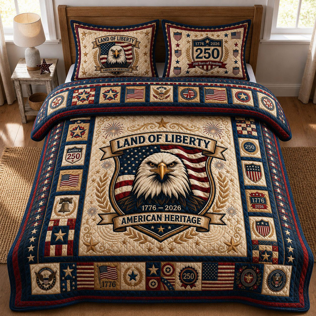 Land Of Liberty quilted 3-piece bedding set on a made bed in a warmly lit bedroom