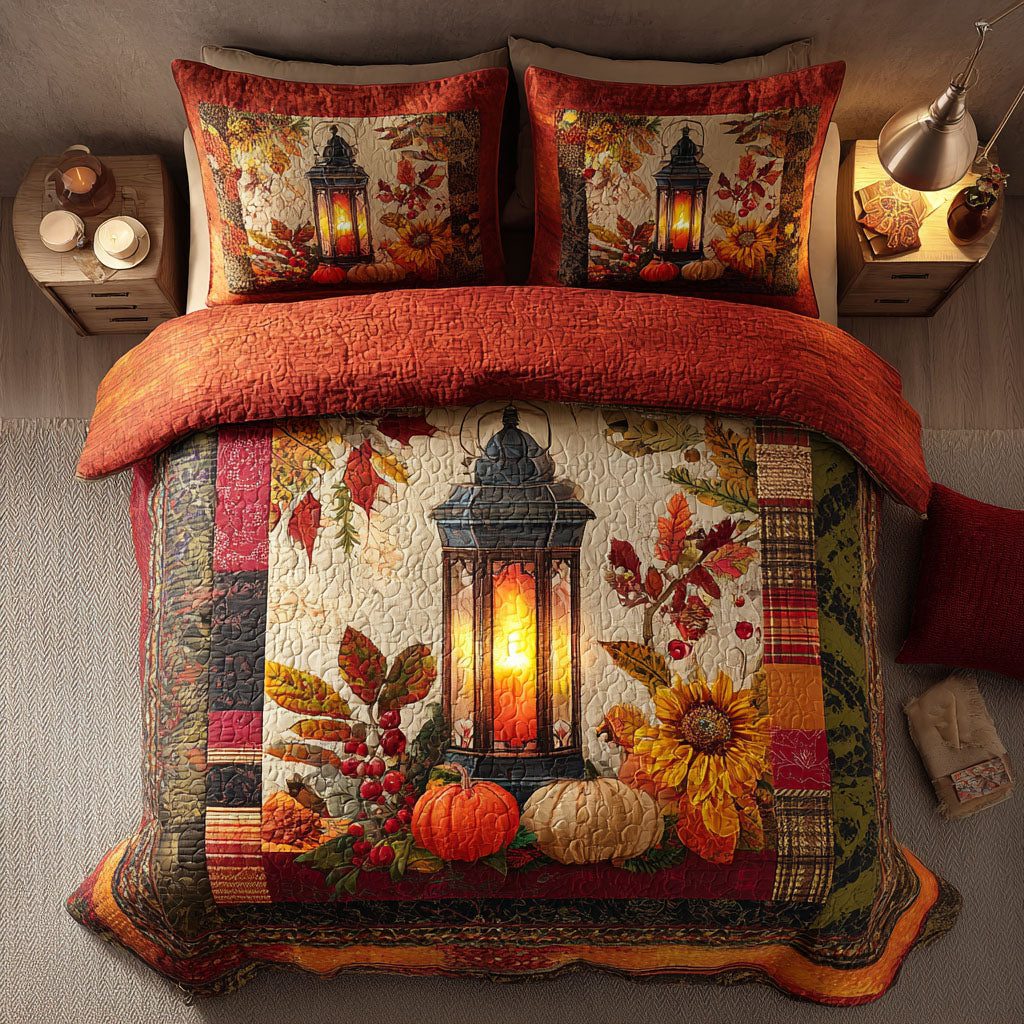 Lantern Light with Leaves quilted 3-piece bedding set on a made bed with two matching pillow shams