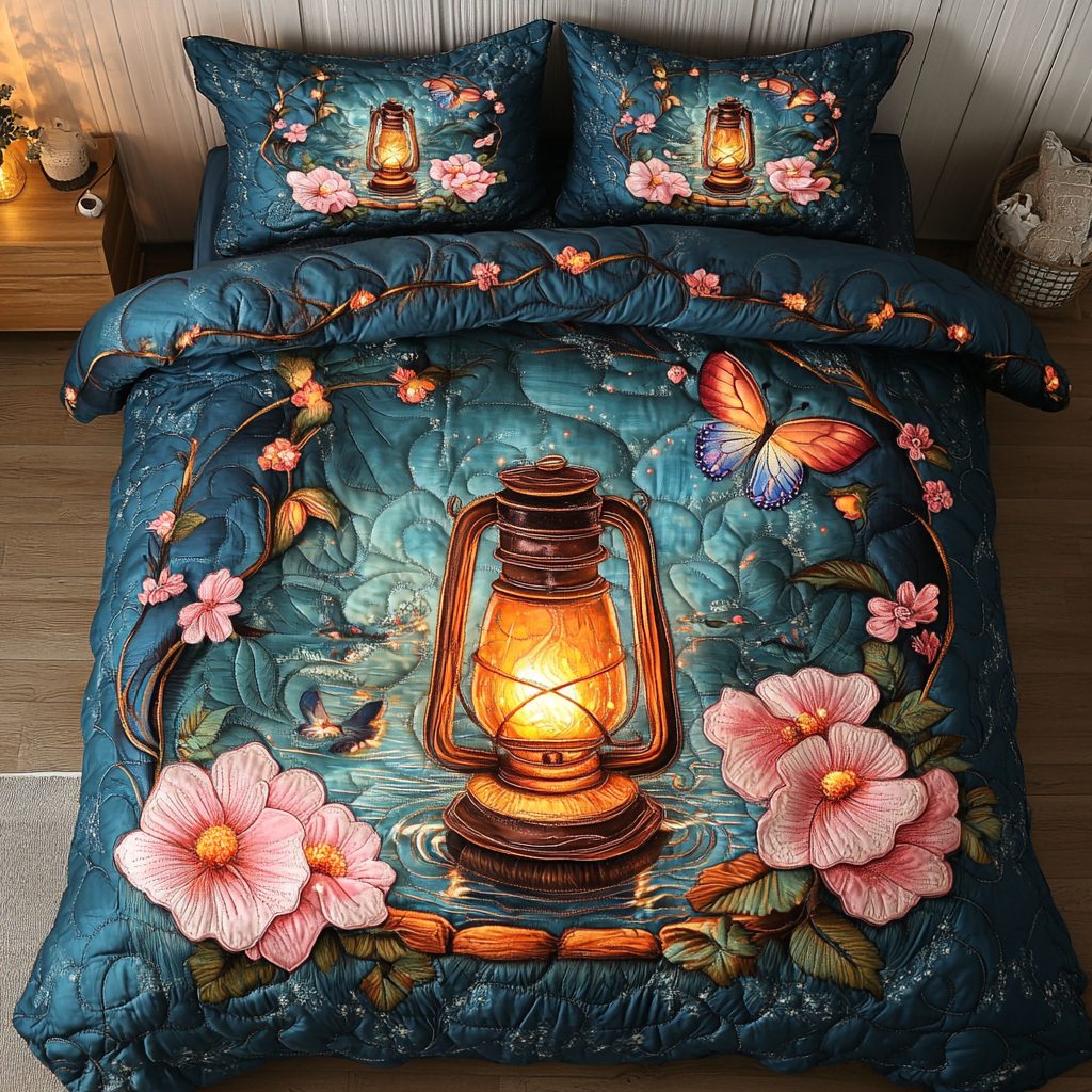 Lantern Serenity quilted 3-piece bedding set on a made bed with two matching pillow shams