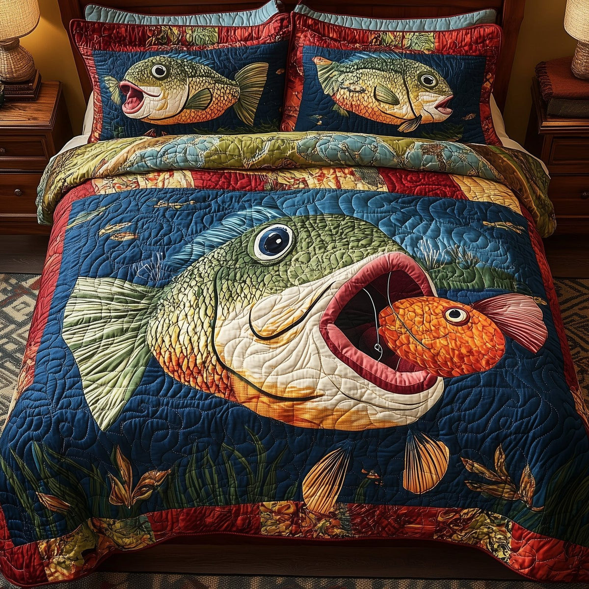 Largemouth Fishing quilted 3-piece bedding set on a made bed with two matching pillow shams