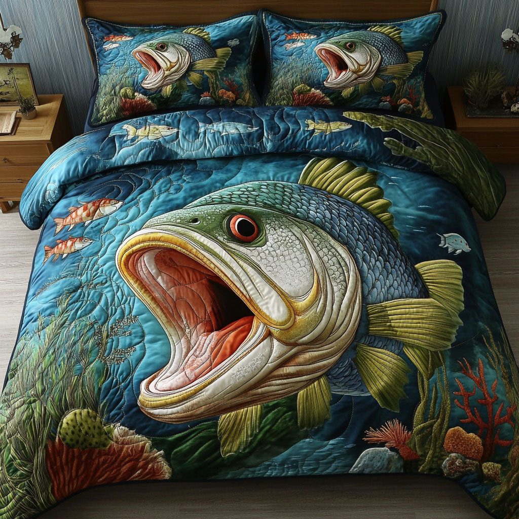 Largemouth Legacy quilted 3-piece bedding set on a made bed with two matching pillow shams