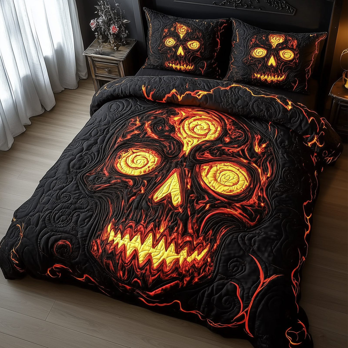 Lava Crack Skull quilted 3-piece bedding set on a made bed against a dark styled interior
