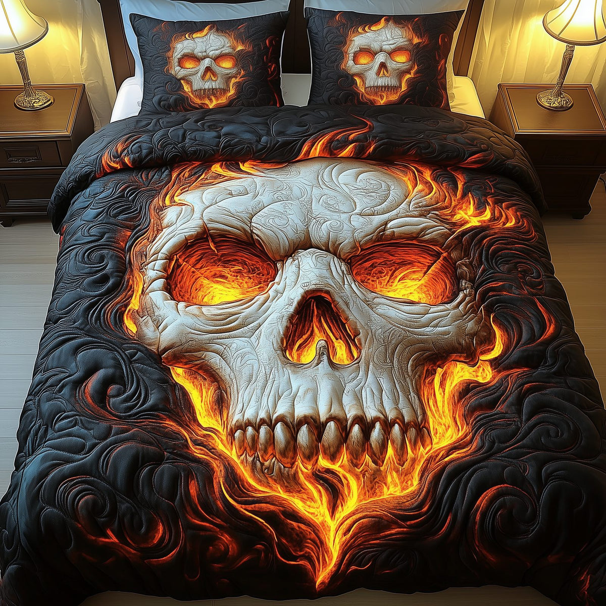 Lava Skull quilted 3-piece bedding set on a made bed against a dark styled interior