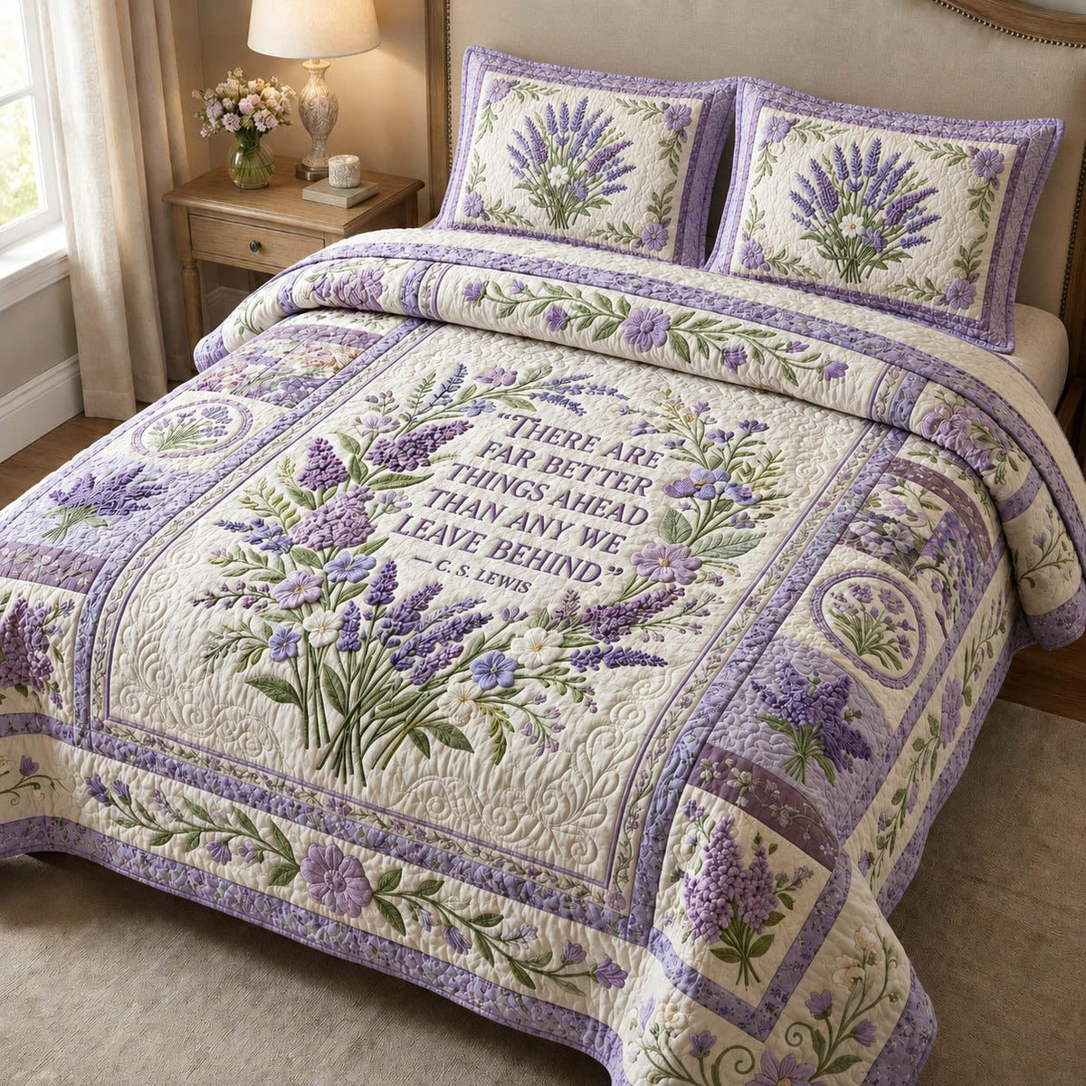 Lavender Bloom Faith quilted 3-piece bedding set on a made bed in a softly lit bedroom