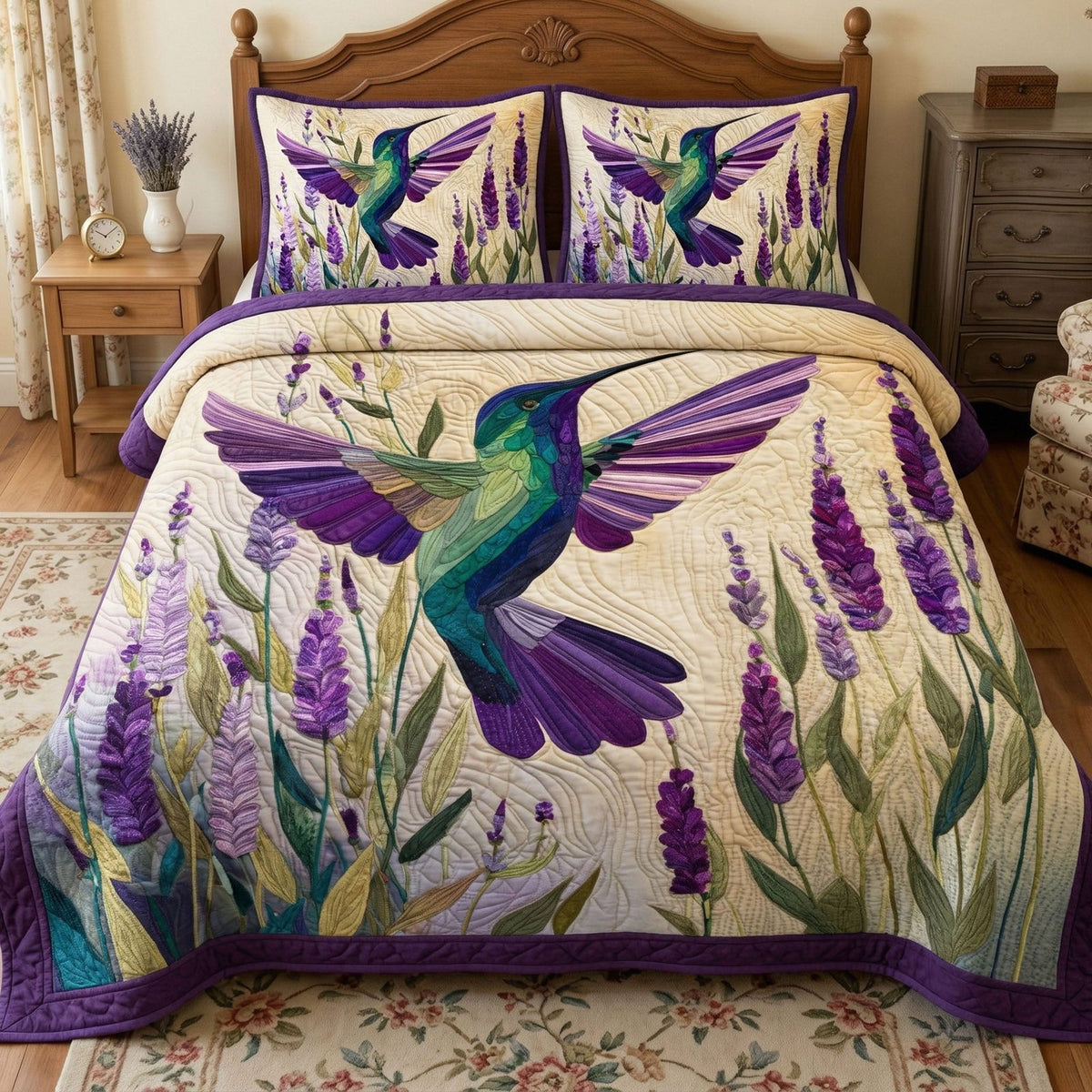 Lavender Breeze quilted 3-piece bedding set on a made bed with two matching pillow shams