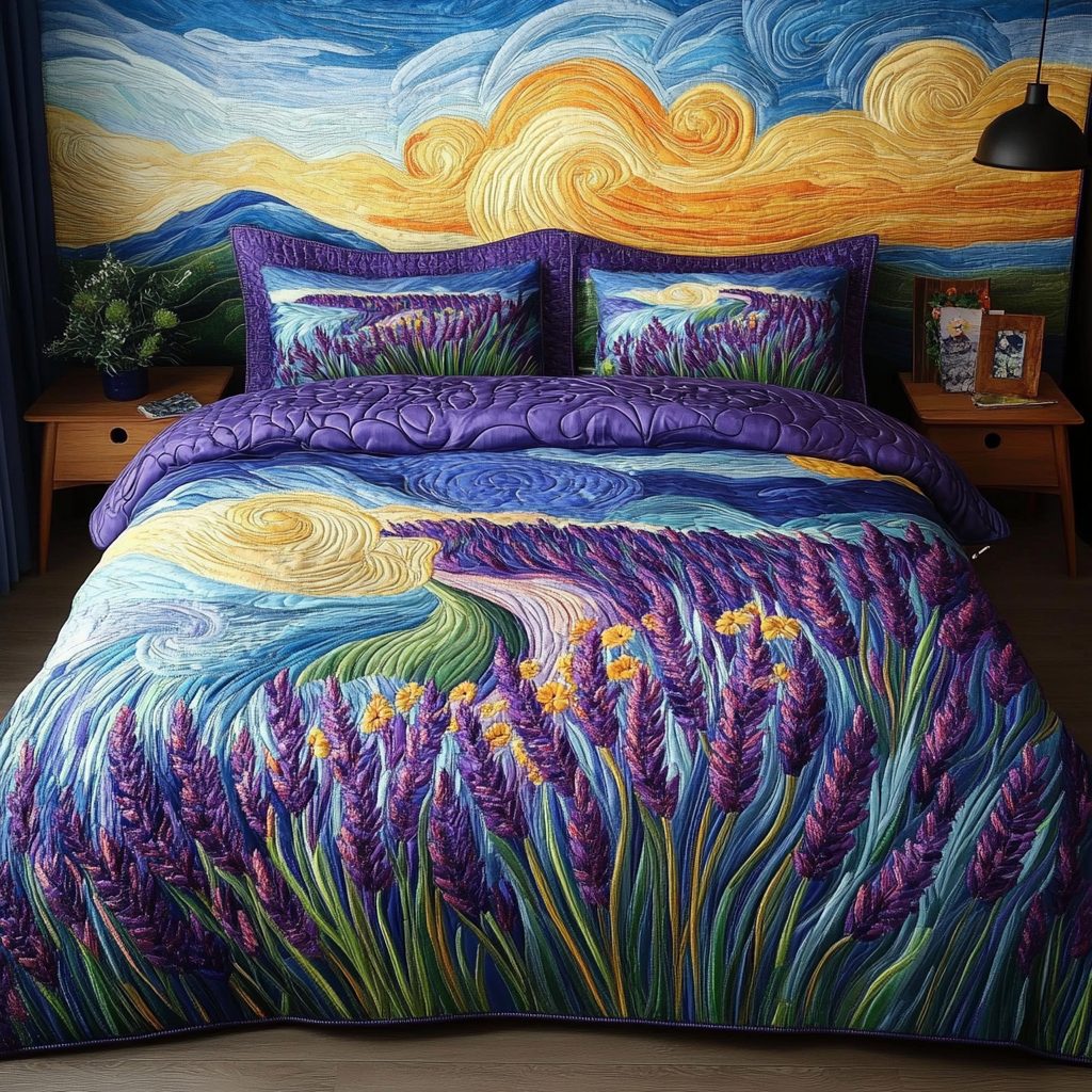 Lavender Breeze quilted 3-piece bedding set on a made bed with two matching pillow shams