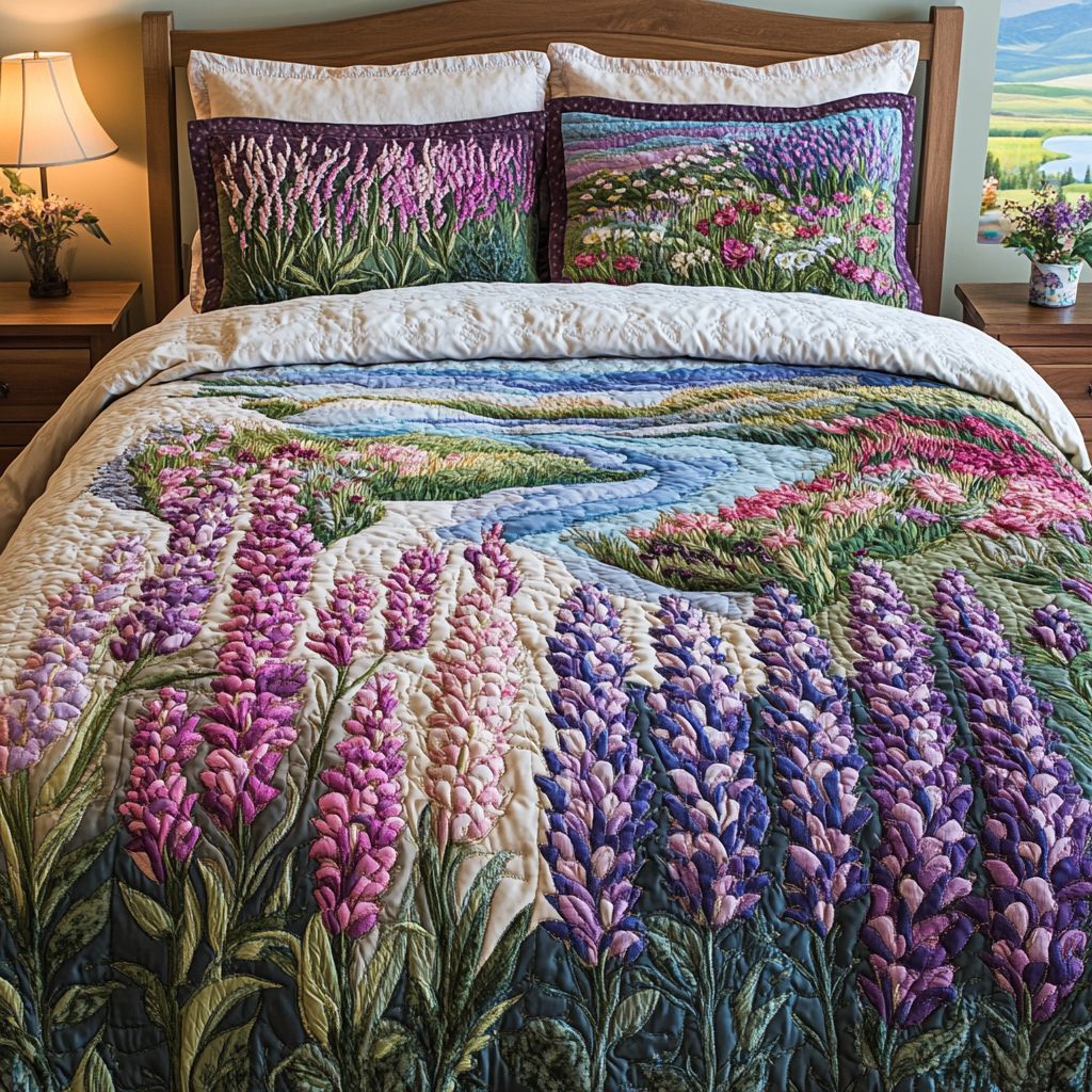 Lavender Dreams quilted 3-piece bedding set on a made bed with two matching pillow shams