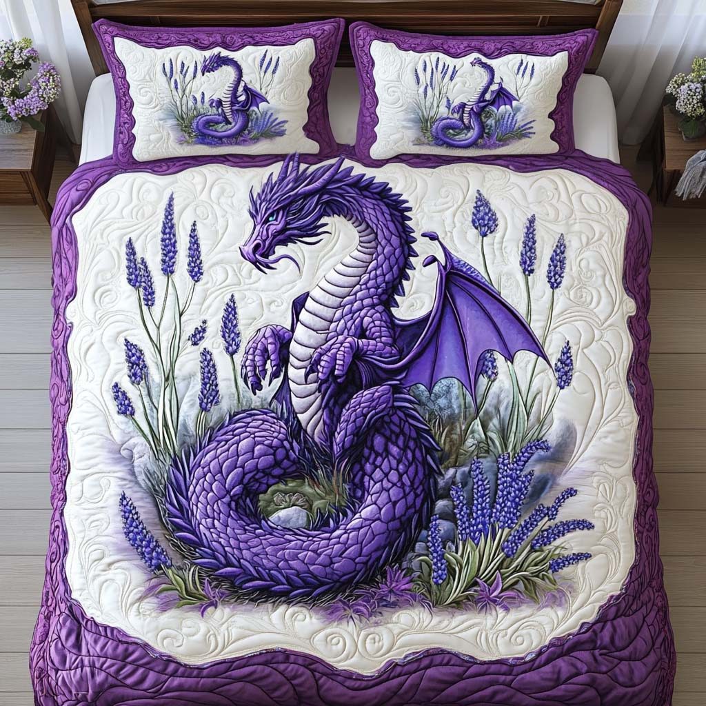 Lavender Flame quilted 3-piece bedding set on a made bed with two matching pillow shams