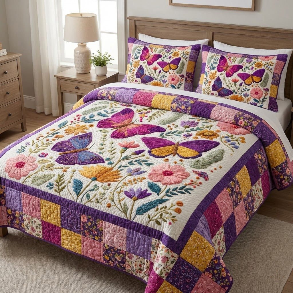 Lavender Flight quilted 3-piece bedding set on a made bed with two matching pillow shams