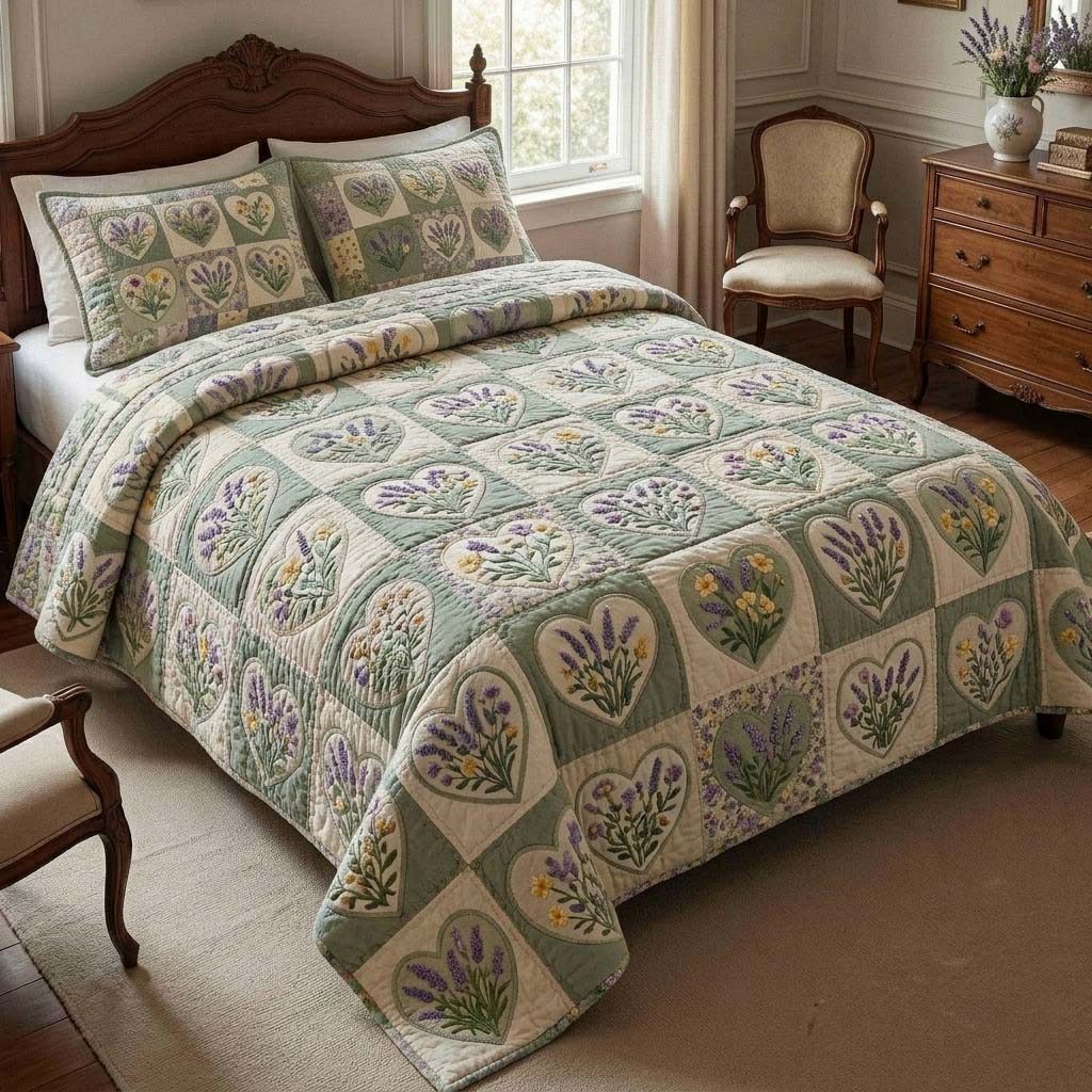 Lavender Garden Hearts quilted 3-piece bedding set on a made bed with two matching pillow shams