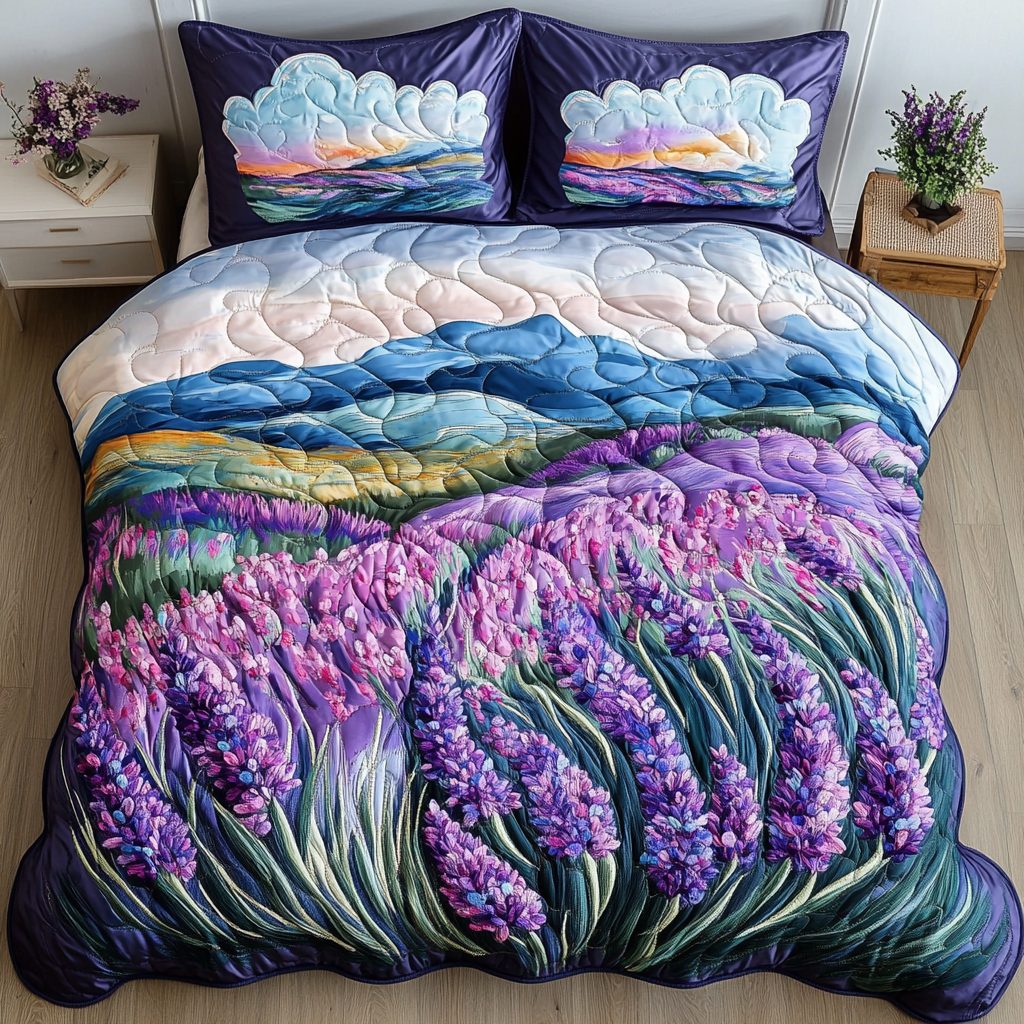 Lavender Glow quilted 3-piece bedding set on a made bed with two matching pillow shams