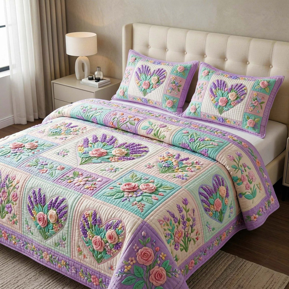 Lavender Heart quilted 3-piece bedding set on a made bed with two matching pillow shams