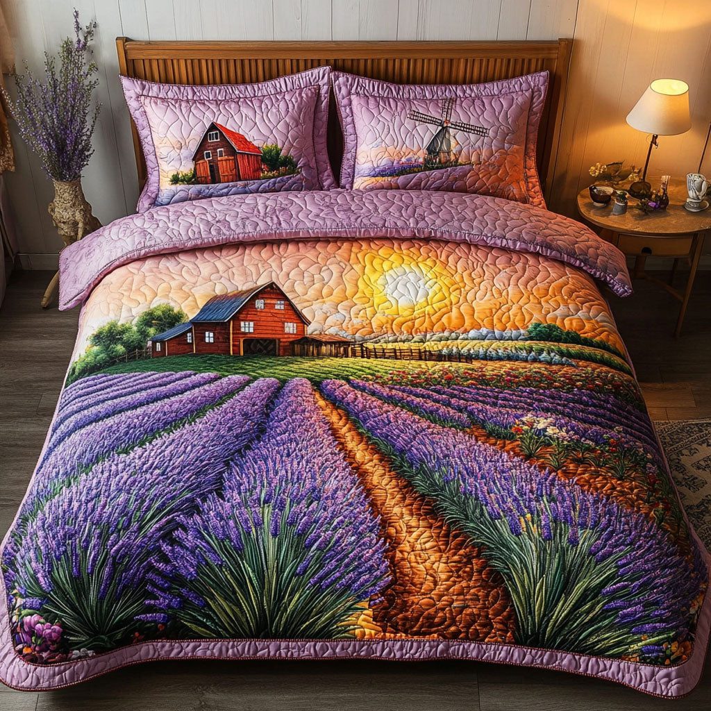 Lavender Horizon quilted 3-piece bedding set on a made bed with two matching pillow shams