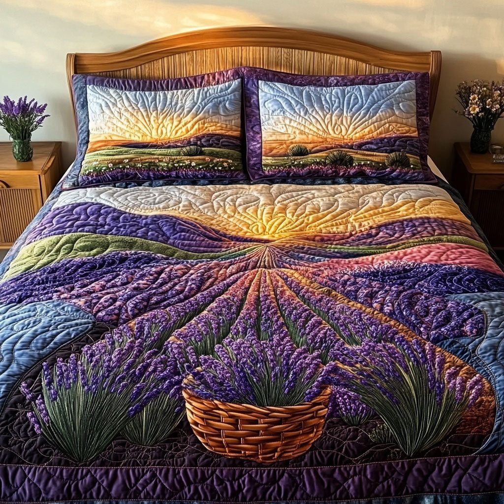 Lavender Moonrise quilted 3-piece bedding set on a made bed with two matching pillow shams
