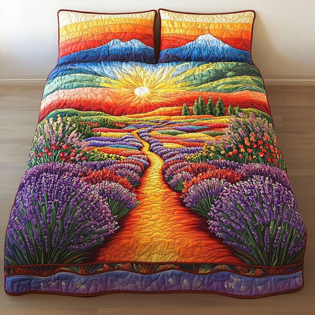 Lavender Pathway quilted 3-piece bedding set on a made bed with two matching pillow shams