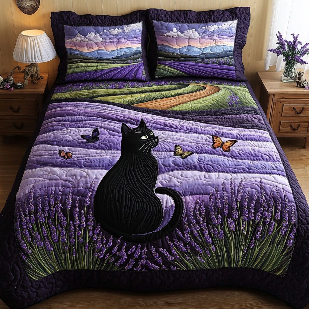Lavender Shadows quilted 3-piece bedding set on a made bed with two matching pillow shams