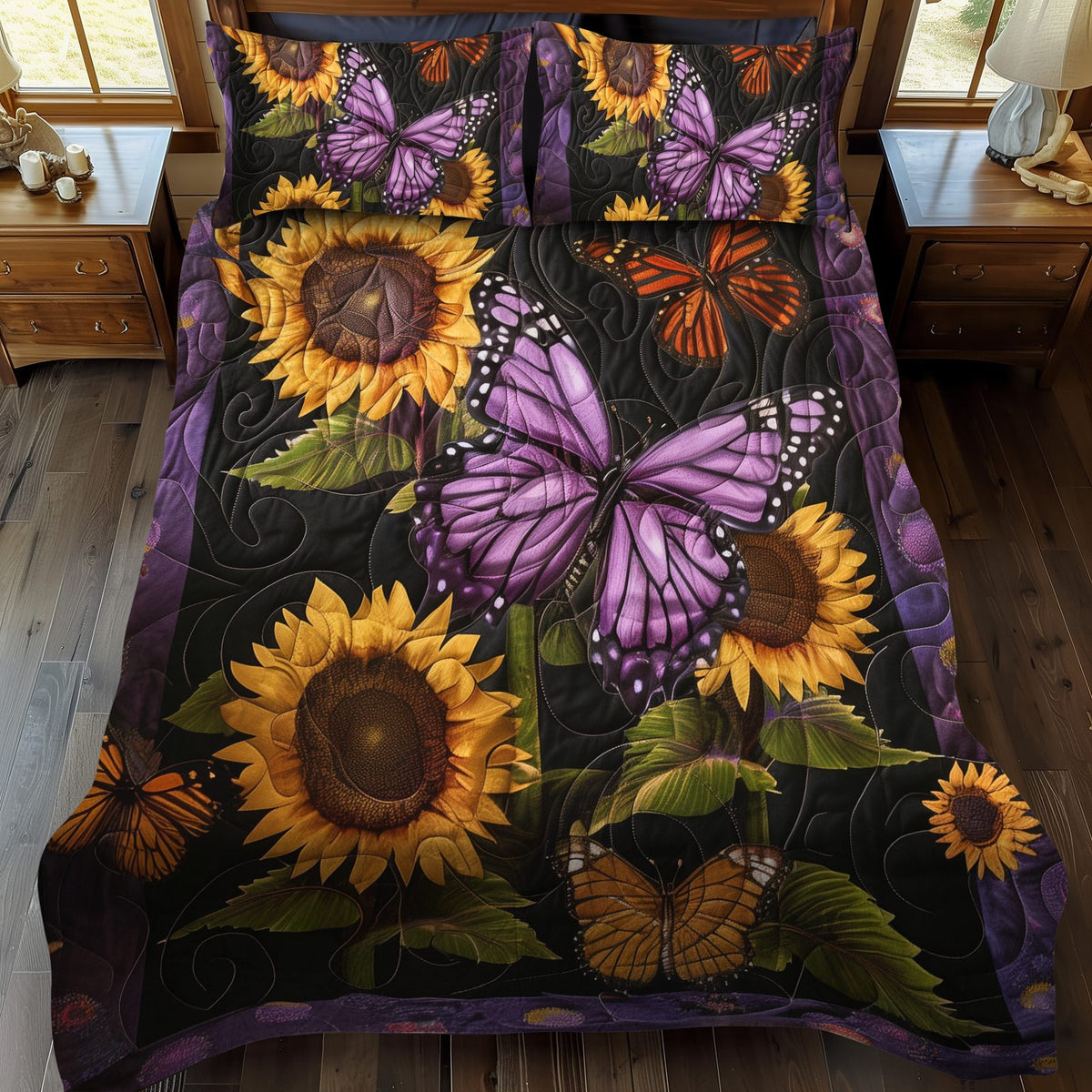 Lavender Wings Butterfly quilted 3-piece bedding set on a made bed with two matching pillow shams