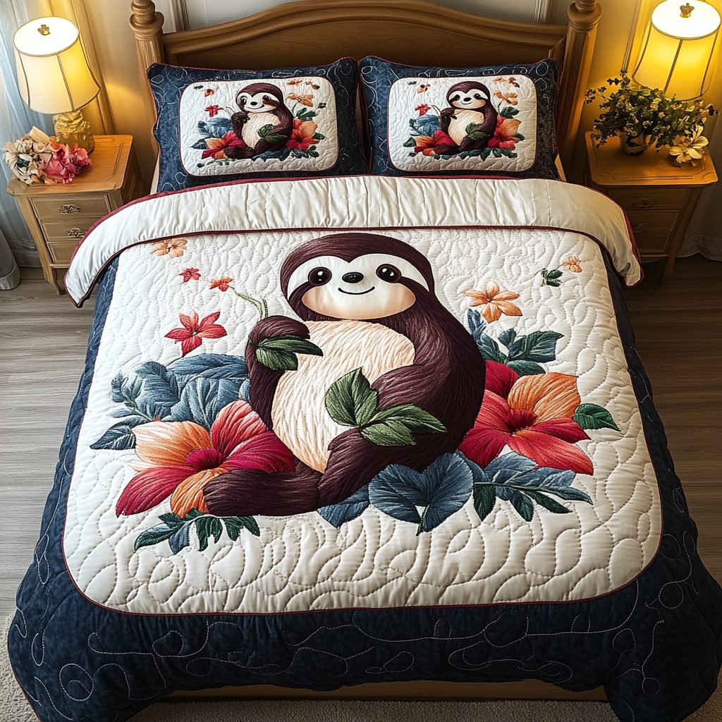 Lazy Day Dreams quilted 3-piece bedding set on a made bed with two matching pillow shams