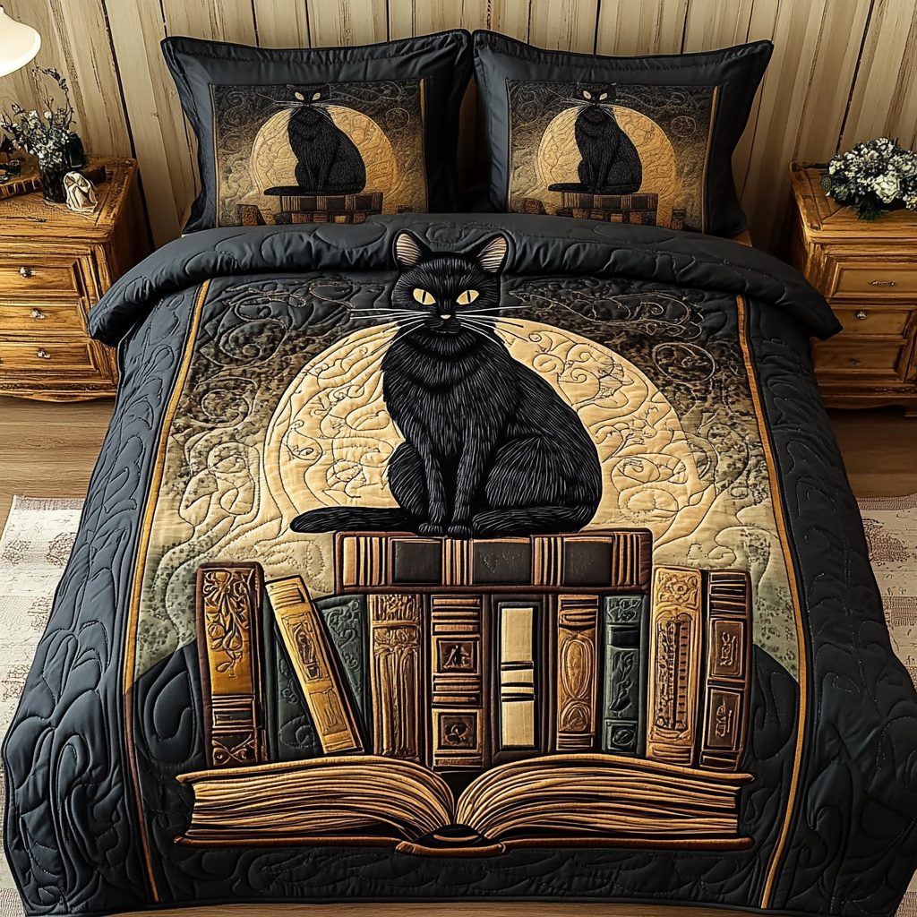 Lazy Pages quilted 3-piece bedding set on a made bed with two matching pillow shams