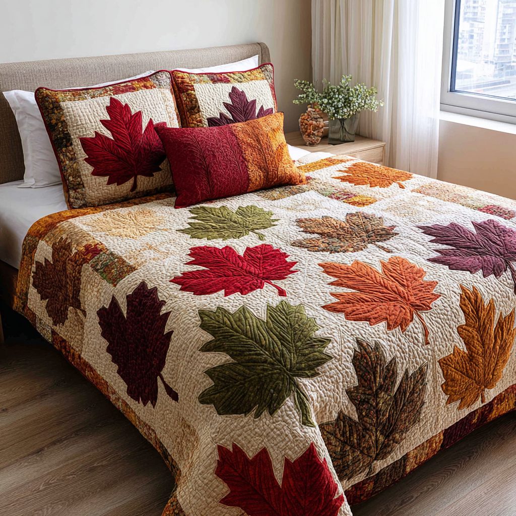 Leaf Harmony quilted 3-piece bedding set on a made bed with two matching pillow shams