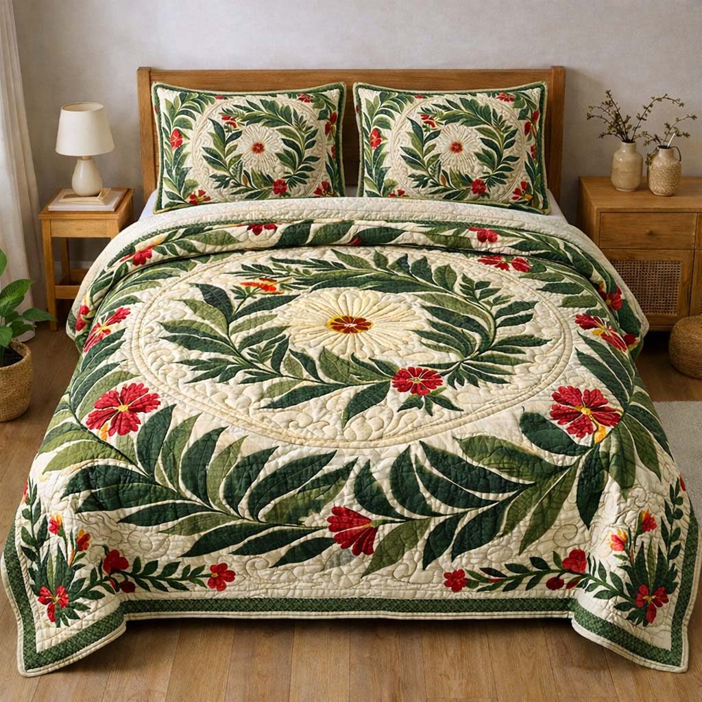 Leaf Wreath quilted 3-piece bedding set on a made bed in a winter-styled bedroom