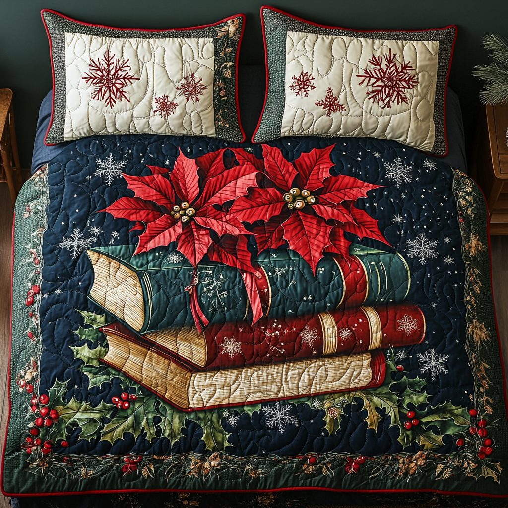 Leafy Literary quilted 3-piece bedding set on a made bed with two matching pillow shams