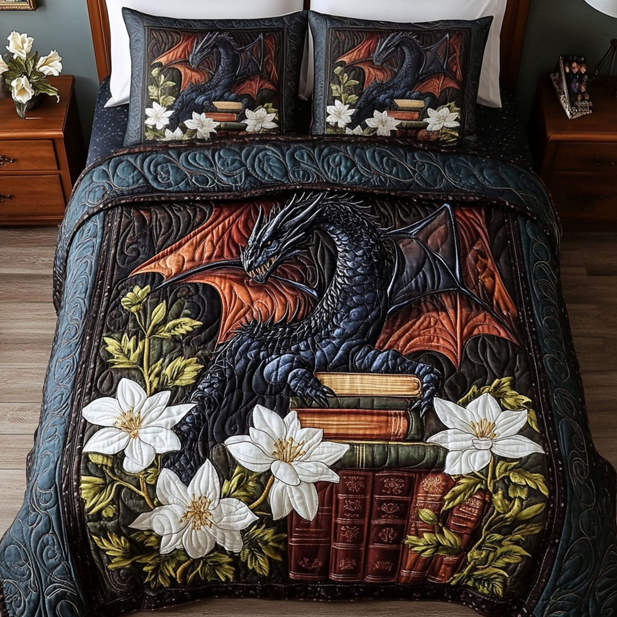 Legendary Flight quilted 3-piece bedding set on a made bed with two matching pillow shams