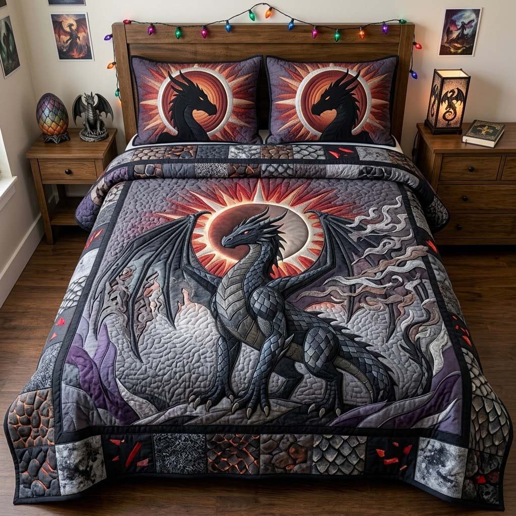 Legendsofthe Dragon quilted 3-piece bedding set on a made bed with two matching pillow shams